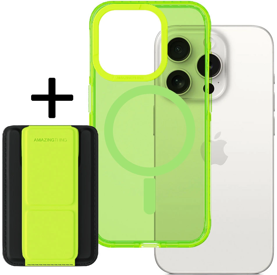 Amazing Thing Titan Pro Neon Mag Wallet Dėklas 10FT IP156.1PTWGN skirtas Apple iPhone 15 Pro žalias with stand