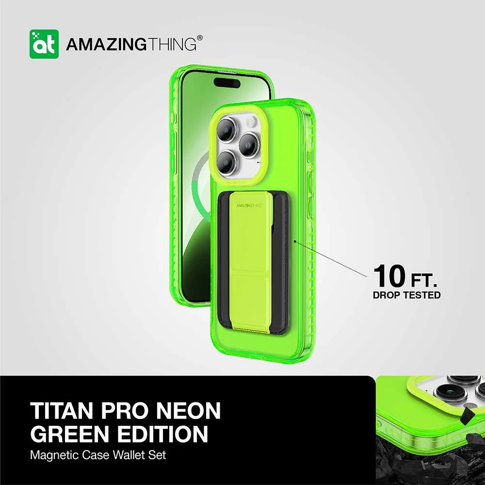 Amazing Thing Titan Pro Neon Mag Wallet dėklas telefonui 10FT IP156.7PTWGN Apple iPhone 15 Pro Max žalias su stoveliu