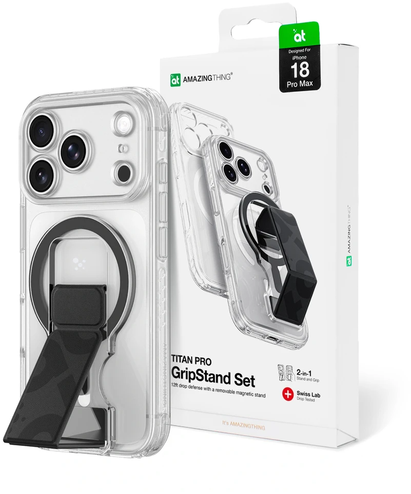 Dėklas Amazingthing Titan Pro Lens Stand Set MagSafe do iPhone 18 Pro Max permatomas
