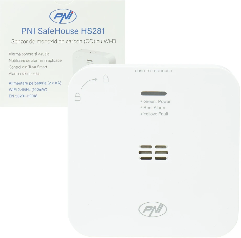 Anglies monoksido (CO) jutiklis PNI SafeHouse HS281 su „Wi-Fi“, valdymas per „Tuya Smart“ programėlę, maitinimas AA baterijomis, 85dB, garsinis ir vaizdinis signalas, tylusis aliarmas