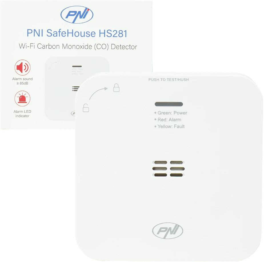 Anglies monoksido (CO) jutiklis PNI SafeHouse HS281 su „Wi-Fi“, valdymas per „Tuya Smart“ programėlę, maitinimas AA baterijomis, 85dB, garsinis ir vaizdinis signalas, tylusis aliarmas