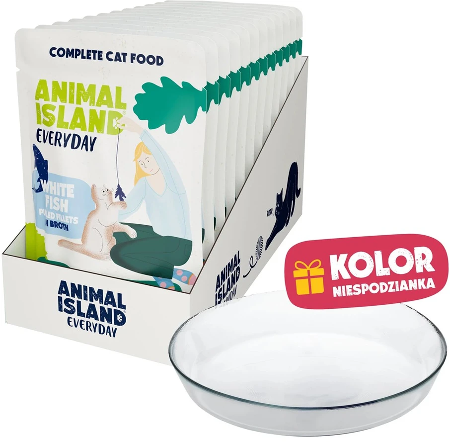 ANIMAL ISLAND Everyday Baltas fish in broth Box – šlapias kačių maistas – 12x85g + lėkštutė dovanų