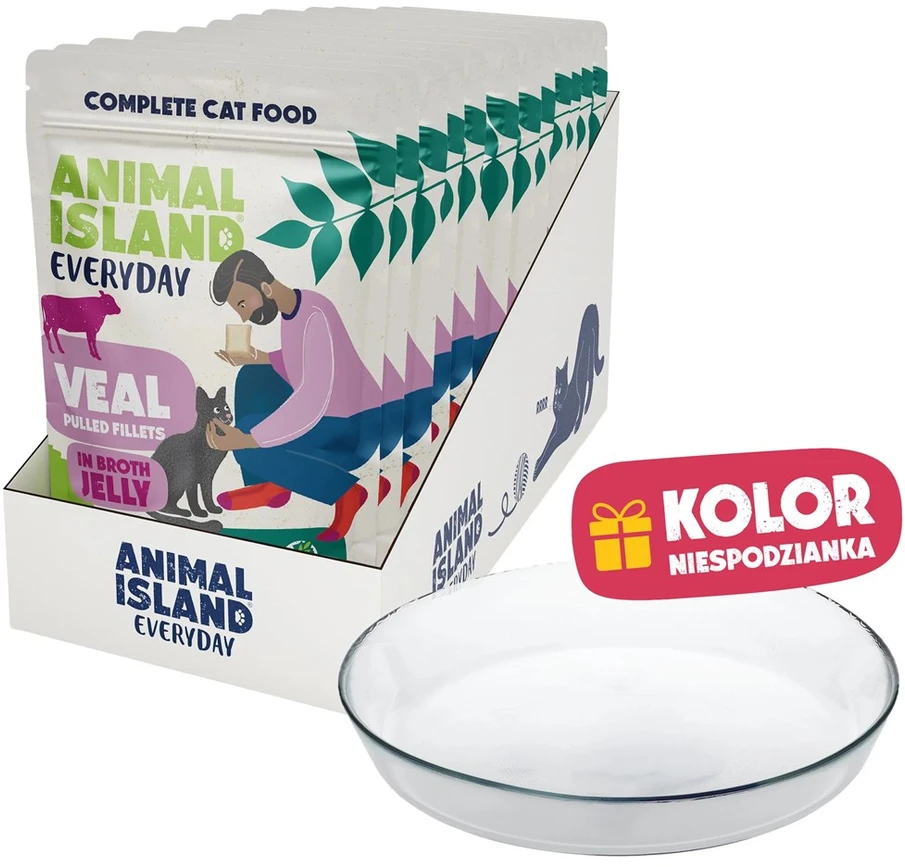 ANIMAL ISLAND Everyday Veal in jelly broth Box – šlapias kačių maistas – 12x85g + lėkštutė dovanų