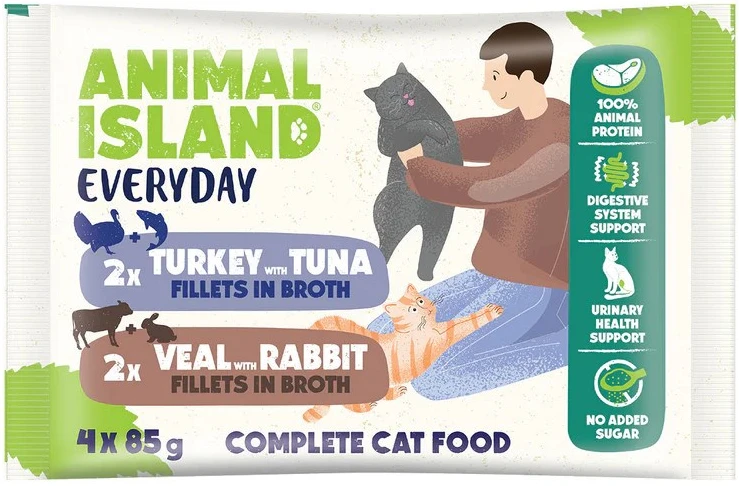 ANIMAL ISLAND Veal / triušiena & kalakutiena / Tuna Fillets in broth – šlapias kačių maistas – 4x85g