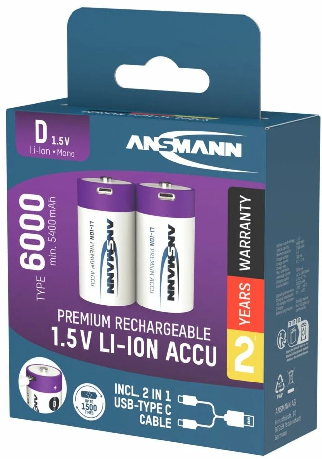 Ansmann 1314-0005 buitinė baterija Įkraunama baterija D Ličio-jonų (Li-Ion)