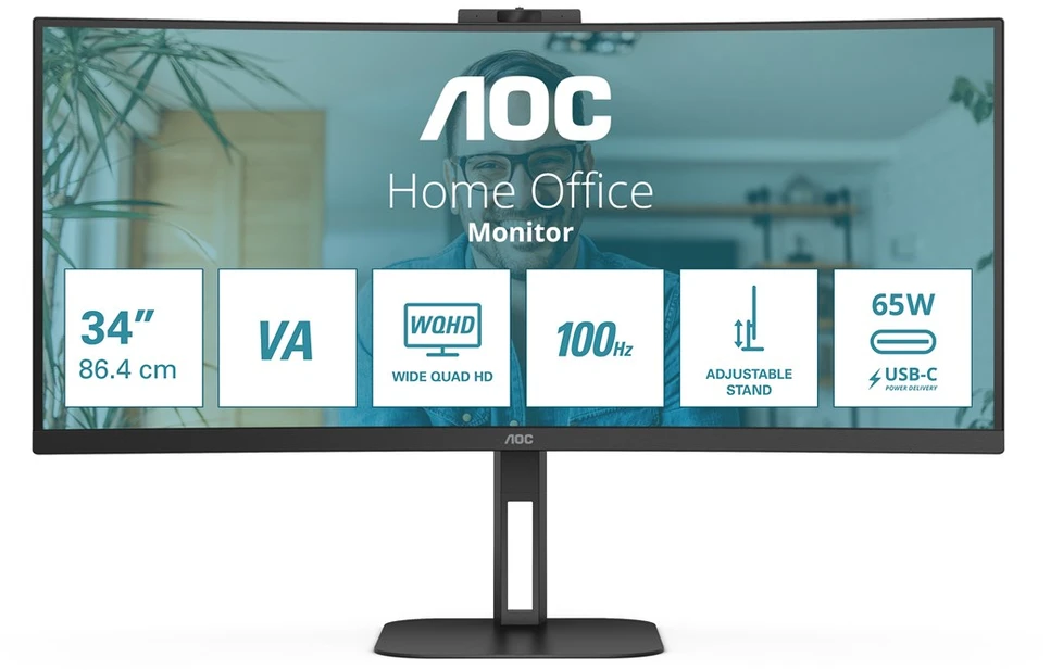 Monitorius AOC CU34V5CW 34 colių UWQHD VA CURVED TURI WEBCAM DP/HDMI/USB-C PD 65W