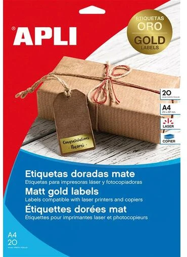 Apli Lipnios etiketės, A4, 210x297mm, 20 lapų, auksinės spalvos