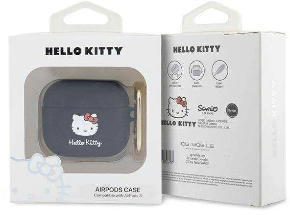Hello Kitty HKA33DKHSK AirPods 3 dėklas, juodos spalvos, silikoninis, 3D Kitty galvutė