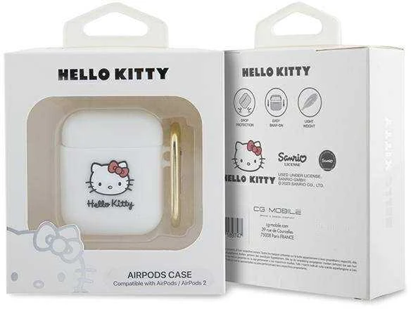 Hello Kitty HKA23DKHSH AirPods 1/2 dėklas, baltos spalvos, silikoninis, 3D Kitty galvutės dizainas