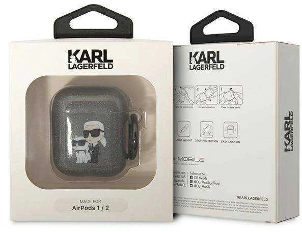 Karl Lagerfeld KLA2HNKCTGK Airpods 1/2 dėklas, juodos spalvos, Glitter Karl&Choupette