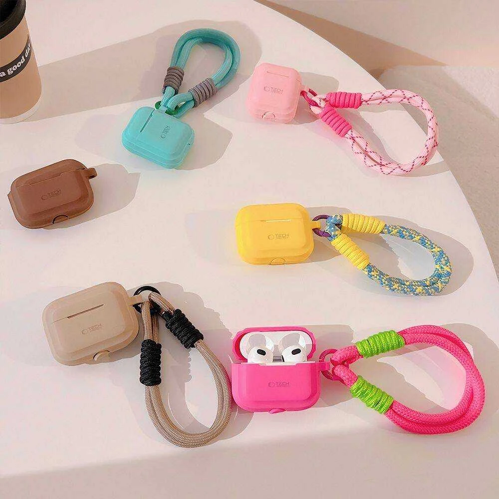 Dėklas Apple AirPods Pro 1/2 Tech-Protect silikoninis Rope Cafe Latte kreminis