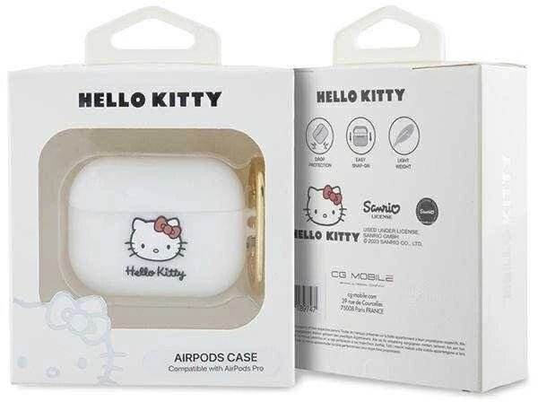 Hello Kitty HKAP3DKHSH AirPods Pro dėklas, baltos spalvos, silikoninis, 3D Kitty galvutė