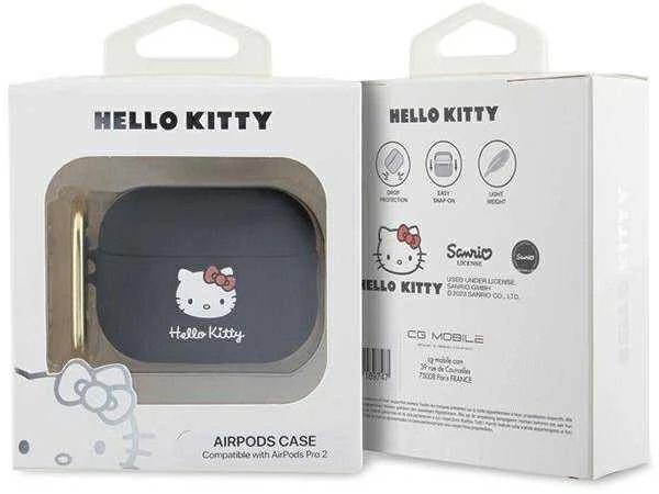 Hello Kitty HKAP23DKHSK AirPods Pro 2 (2022/2023) dėklas, juodos spalvos, silikoninis su 3D Kitty galvute