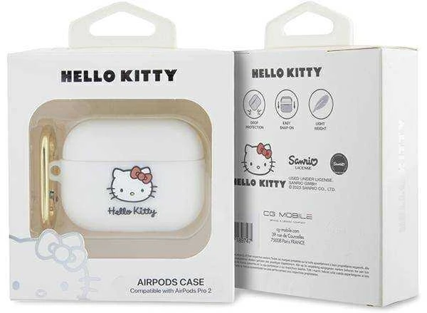 Hello Kitty HKAP23DKHSH AirPods Pro 2 (2022/2023) dėklas, baltos spalvos, silikoninis, 3D Kitty Head