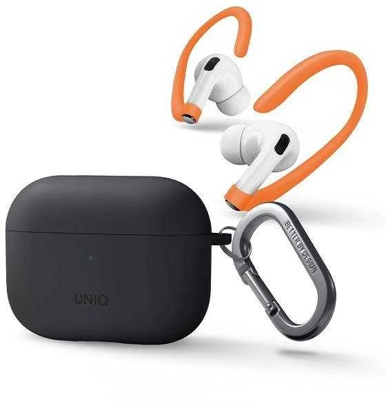 Uniq nexo AirPods Pro 2 GEN dėklas + ausų kabliukai, silikoninis šariato/medžio anglių pilka