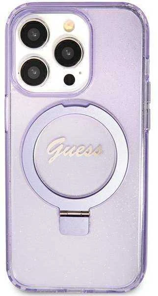 Guess GUHMN61HRSGSU Apple iPhone 11 / Xr 6.1″ violetinės spalvos kietas dėklas Ring Stand Script Glitter MagSafe