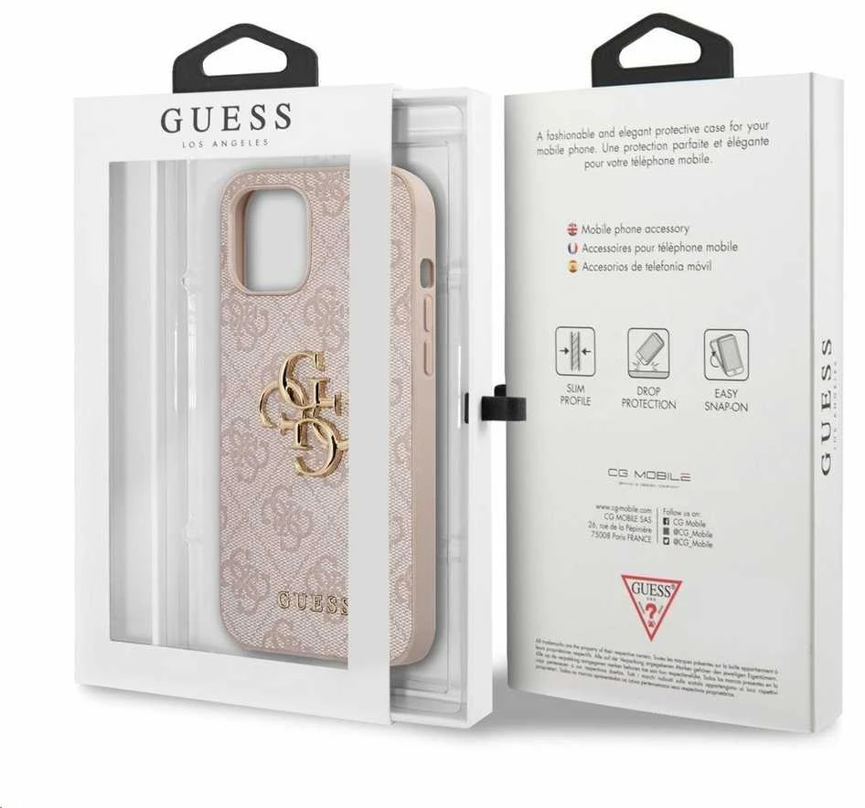 Guess PU 4G Metal Logo dėklas skirtas Apple iPhone 12/12 Pro rožinės spalvos