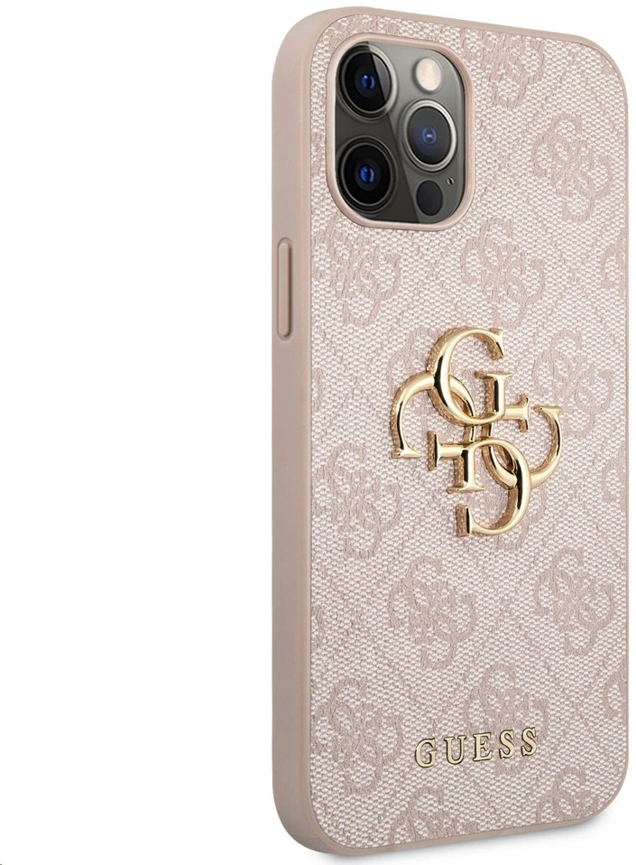 Guess PU 4G Metal Logo dėklas skirtas Apple iPhone 12/12 Pro rožinės spalvos