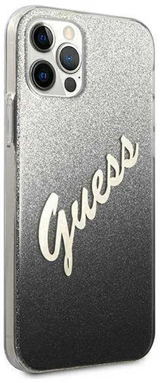 Guess dėklas, skirtas iPhone 12 / 12 Pro 6,1 GUHCP12MPCUGLSBK juodas kietas dėklas, skirtas Glitter Gradient Script