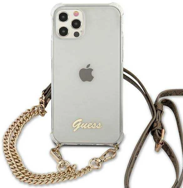 Apple iPhone 12 / 12 Pro Guess dėklas 4G Gold Chain (GUHCP12MKC4GSGO) skaidrus