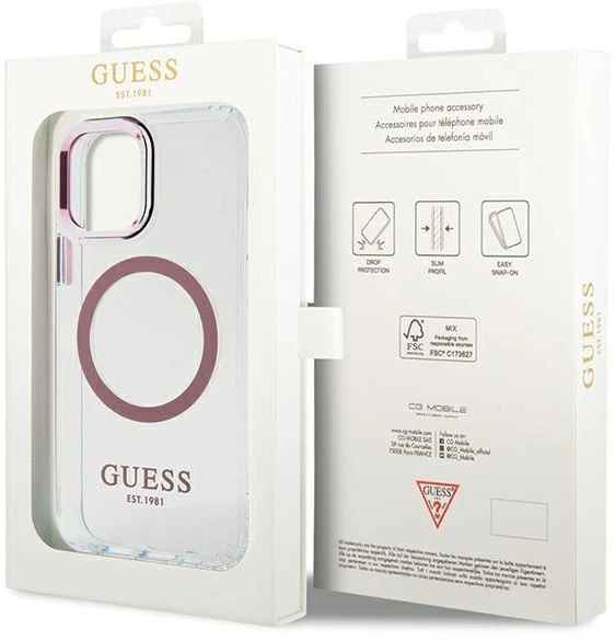 Guess GUHMP12MHTRMP Apple iPhone 12/12 Pro 6.1″ rožinės spalvos kietas dėklas Metal Outline Magsafe