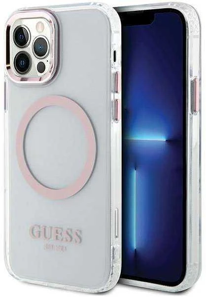 Guess GUHMP12MHTRMP Apple iPhone 12/12 Pro 6.1″ rožinės spalvos kietas dėklas Metal Outline Magsafe
