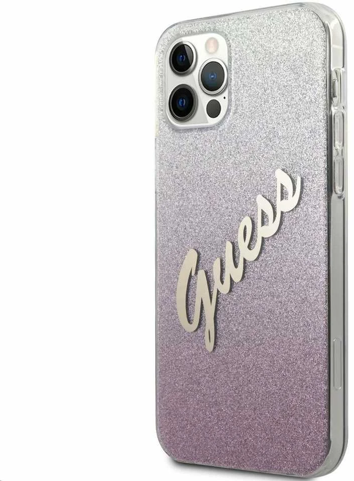 Guess GUHCP12LPCUGLSPI Apple iPhone 12 Pro Max 6,7″ rožinės spalvos kietas dėklas Glitter Gradient Script