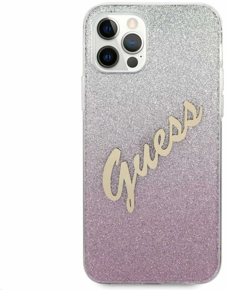 Guess GUHCP12LPCUGLSPI Apple iPhone 12 Pro Max 6,7″ rožinės spalvos kietas dėklas Glitter Gradient Script