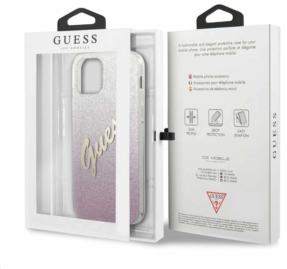 Guess GUHCP12LPCUGLSPI Apple iPhone 12 Pro Max 6,7″ rožinės spalvos kietas dėklas Glitter Gradient Script