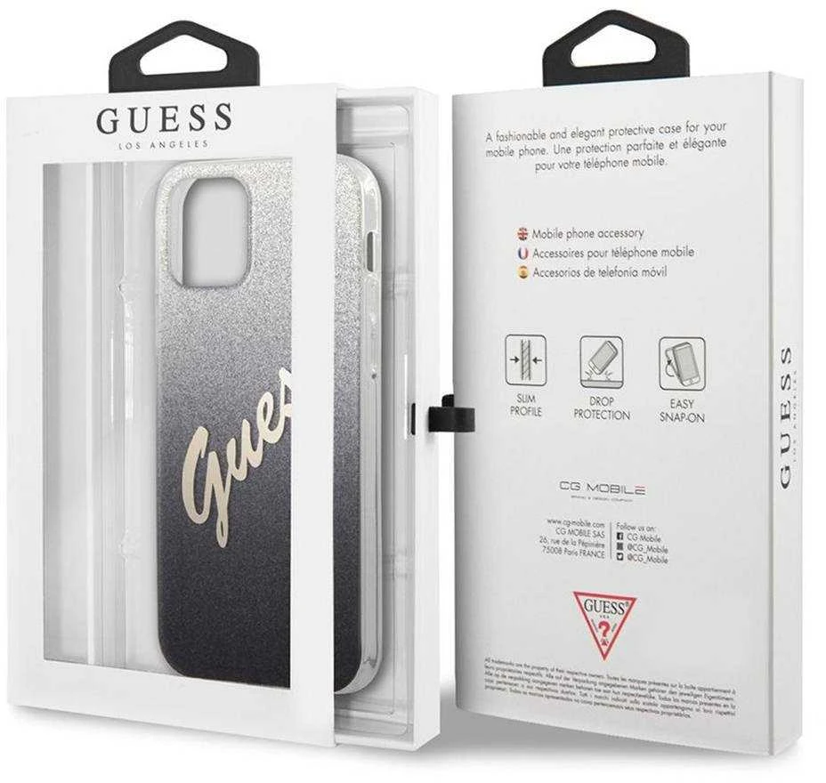 Dėklas GUESS GLITTER GRADIENT SCRIPT IPHONE 12 PRO MAX Juodas