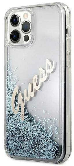 Guess GUHCP12LGLVSBL Apple iPhone 12 Pro Max 6,7″ mėlynas kietas dėklas Glitter Vintage Script