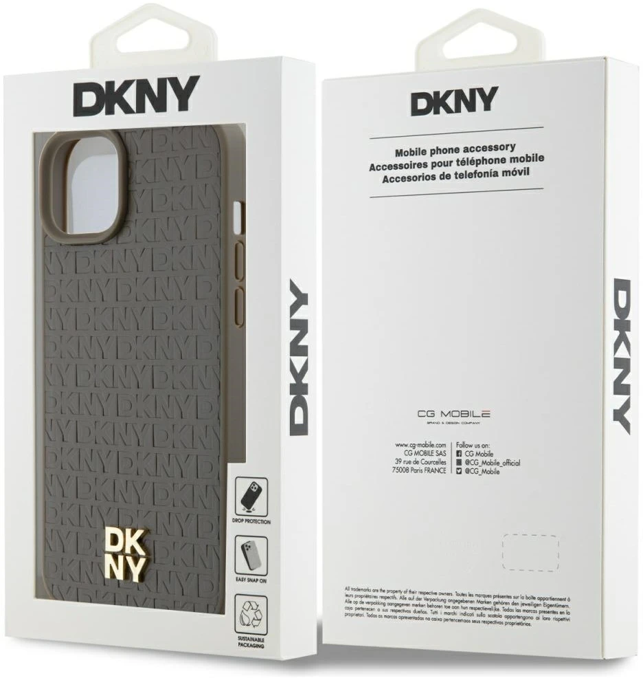 DKNY DKHMP15SPSHRPSW Apple iPhone 15 14 13 6.1 inch rudos spalvos kietas dėklas Leather Pattern Metal Logo MagSafe