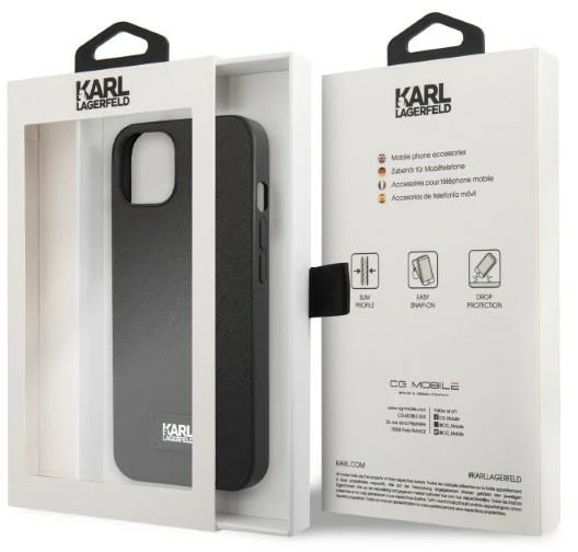 Karl Lagerfeld KLHCP13MSFMP2K iPhone 13/ 14 / 15 6,1″ kietas dėklas juodas Saffiano Plaque