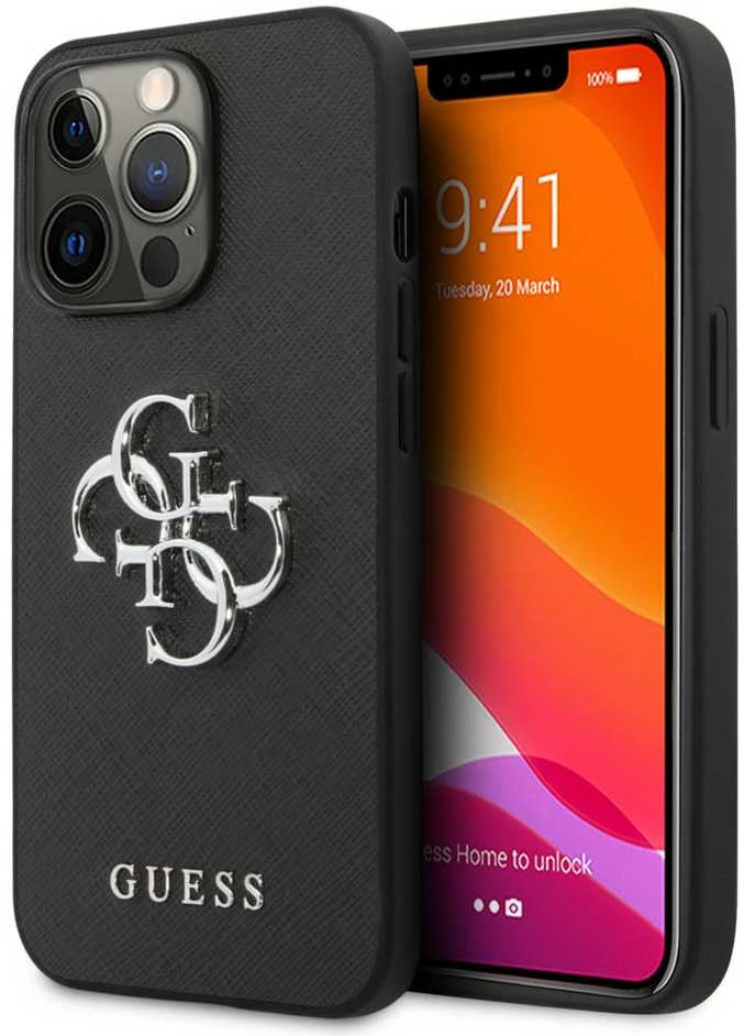 Dėklas GUESS HARD CASE GUHCP13LSA4GSBK IPHONE 13 PRO SAFFIANO METAL LOGO Juodas