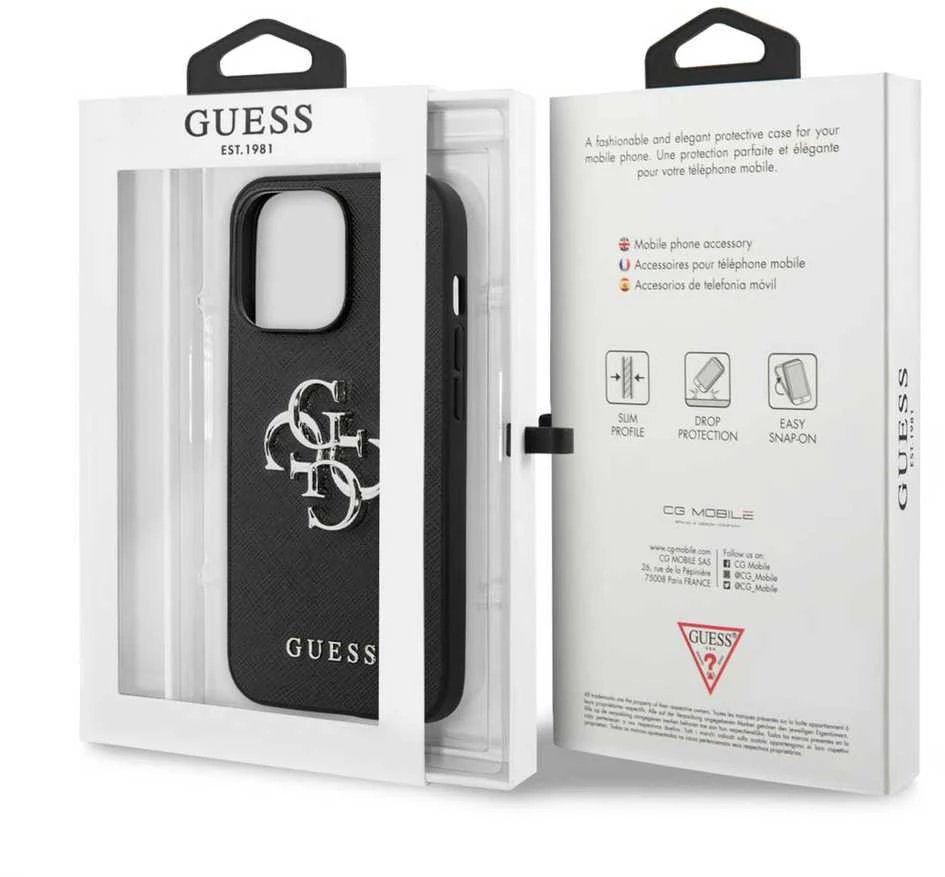 Dėklas GUESS HARD CASE GUHCP13LSA4GSBK IPHONE 13 PRO SAFFIANO METAL LOGO Juodas