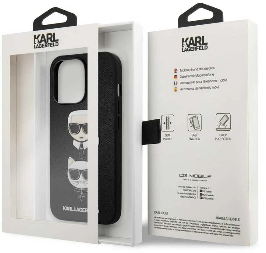 Dėklas KLHCP13LSAKICKCBK Karl Lagerfeld PU Saffiano Karl and Choupette Heads Case for iPhone 13 Pro Juodas (Juodas)