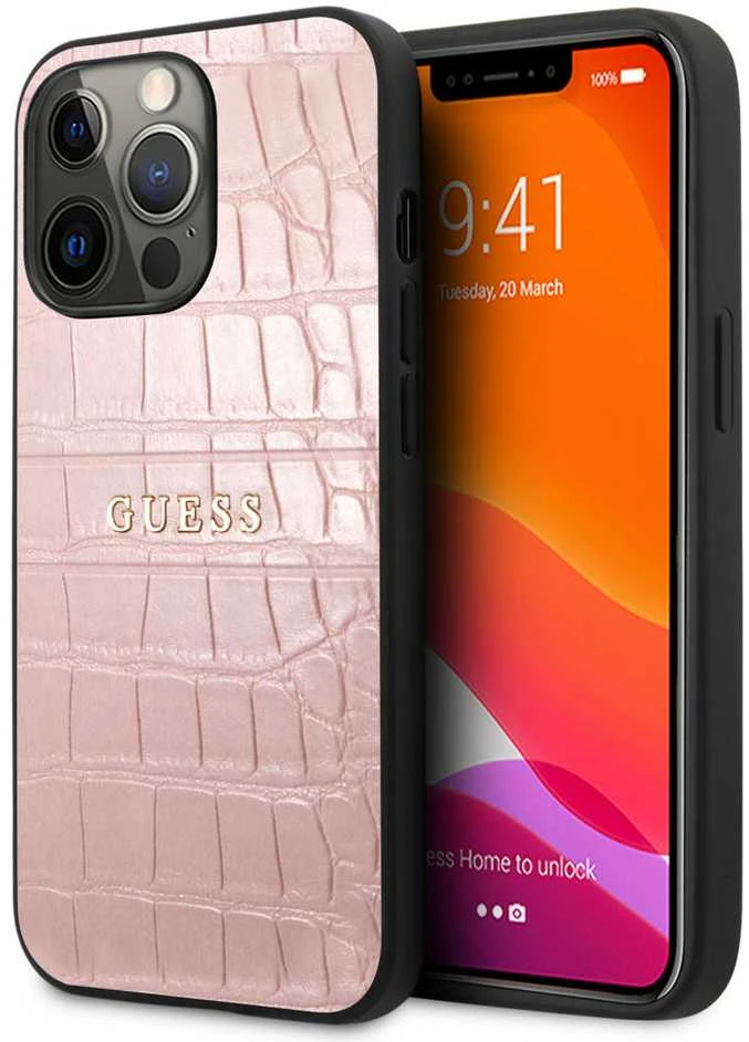 Dėklas Apple iPhone 13 Pro 6,1" Guess Croco Strap Collection GUHCP13LPCRBPI rožinės spalvos