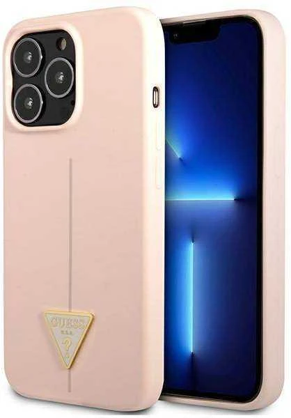 Guess GUHCP13LSLTGP iPhone 13 Pro / 13 6,1 colio eilinis/rožinis kietas dėklas, silikoninis trikampis