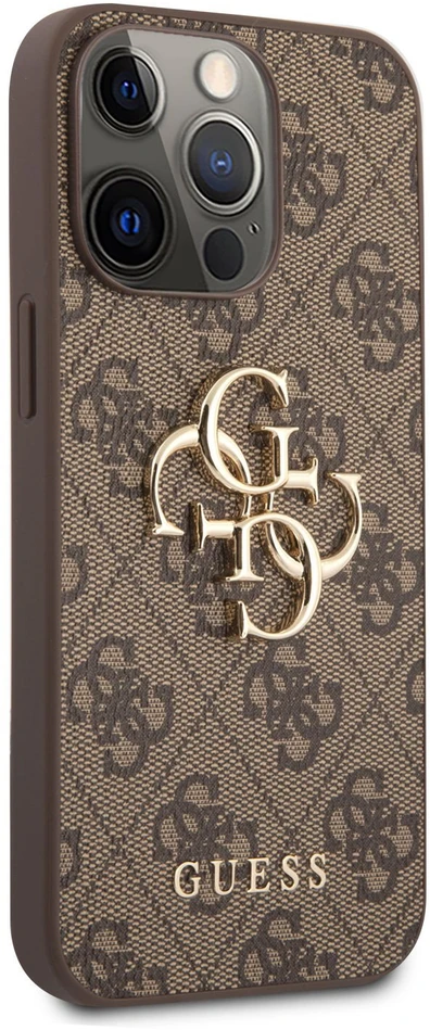 Guess PU 4G Metal Logo dėklas skirtas Apple iPhone 13 Pro Max rudos spalvos