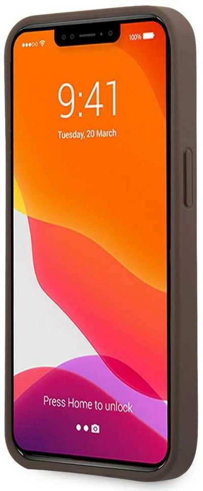 Guess PU 4G Metal Logo dėklas skirtas Apple iPhone 13 Pro Max rudos spalvos