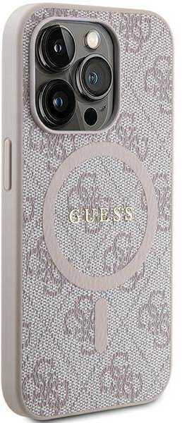 Apple iPhone 13 Pro Max Guess dėklas 4G Collection odinis Metal Logo MagSafe (GUHMP13XG4GFRP) rožinės spalvos