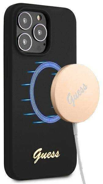 Guess GUHMP13XLSLMGBK Apple iPhone 13 Pro Max 6,7″ juodos spalvos kietas dėklas Silicone Script Gold Logo MagSafe