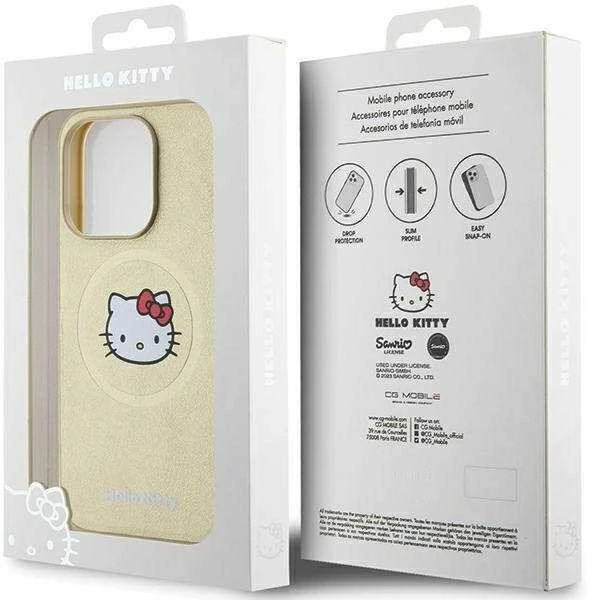 Hello Kitty HKHMP13XPGHCKD Apple iPhone 13 Pro Max 6.7″ Gold kietas dėklas Leather Kitty Head MagSafe