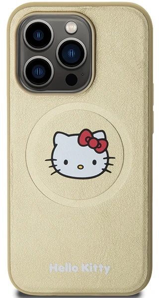 Hello Kitty HKHMP13XPGHCKD Apple iPhone 13 Pro Max 6.7″ Gold kietas dėklas Leather Kitty Head MagSafe