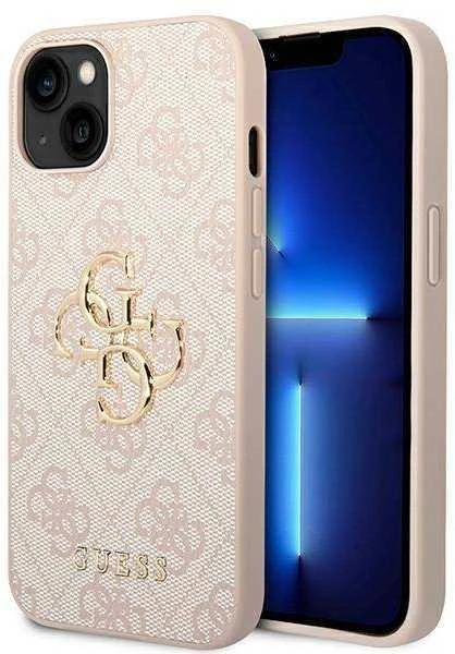 Guess PU 4G Metal Logo dėklas skirtas Apple iPhone 14 rožinės spalvos