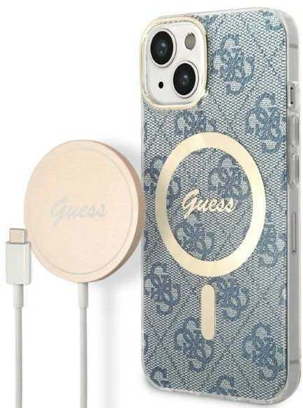 Guess Rinkinys GUBPP14MH4EACSB Dėklas+ Įkroviklis Apple iPhone 14 Plus / 15 Plus 6.7″ mėlynas kietas dėklas 4G