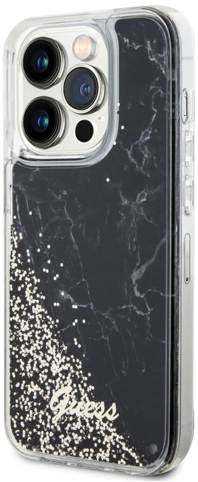 Guess GUHCP14LLCSGSGK Apple iPhone 14 Pro 6.1″ juodos spalvos kietas dėklas Liquid Glitter Marble