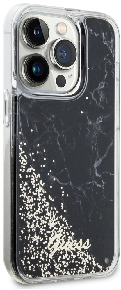 Guess GUHCP14LLCSGSGK Apple iPhone 14 Pro 6.1″ juodos spalvos kietas dėklas Liquid Glitter Marble