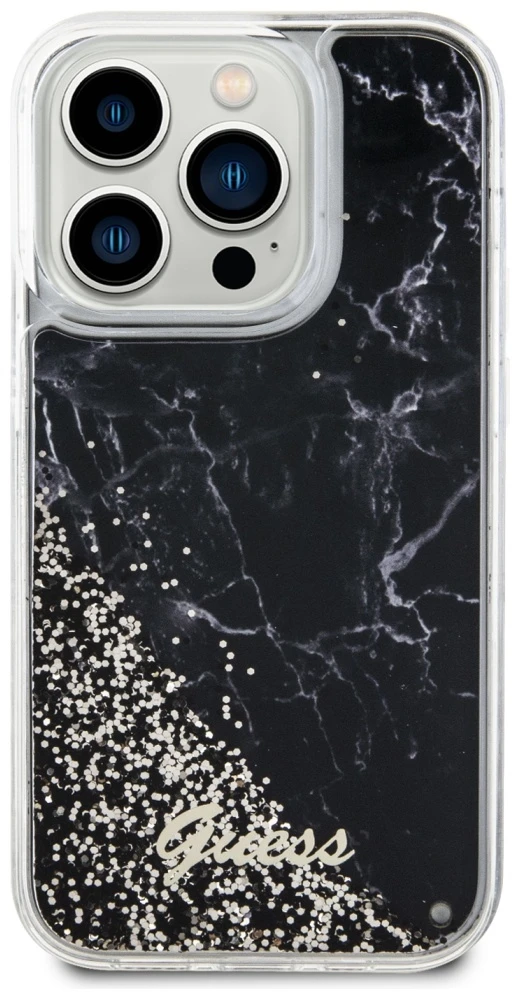 Guess GUHCP14LLCSGSGK Apple iPhone 14 Pro 6.1″ juodos spalvos kietas dėklas Liquid Glitter Marble