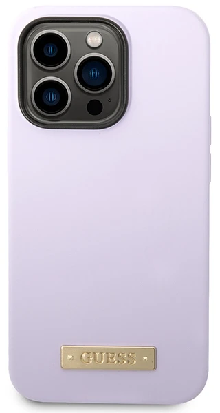 Guess telefono dėklas iPhone 14 Pro 6,1 GUHMP14LSBPLU violetinė hard telefono dėklas Liquid Silikoninis Logo MagSafe